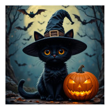 Gato Preto Usando Chapéu de Bruxa Halloween
