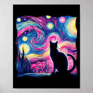 Poster Gato Preto Van Gogh Noite Estrelada Arte Corações