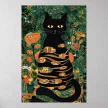 Gato Preto Vintage de Gustav Klimt em um Jardim de