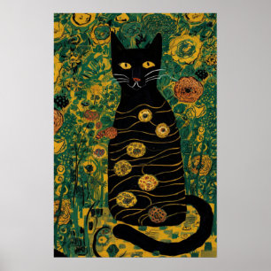 Poster Gato Preto Vintage de Gustav Klimt em um Jardim de