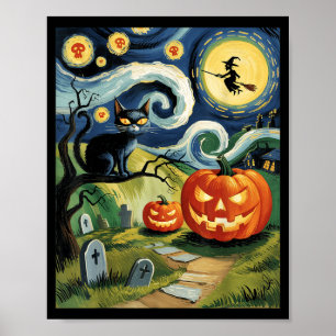 Poster Gato Preto Vintage de Halloween numa Noite de Y As
