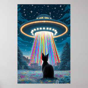 Poster Gato Psicodélico e OVNI Arte Engraçada De Abduçã