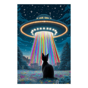 Pôster Gato Psicodélico e OVNI   Arte Engraçada De Abduçã