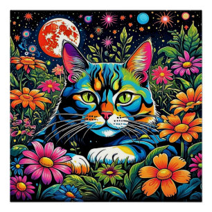 Pôster Gato psicodélico entre flores