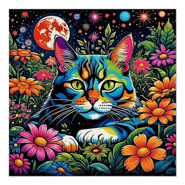 Pôster Gato psicodélico entre flores (Frente)