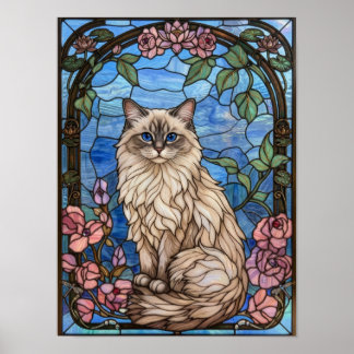Poster Gato Ragdoll Mosaico Floral Vidro Colorido