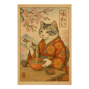 Pôster Gato Ramen – Gato ao Estilo Japonês Apreciando Mac
