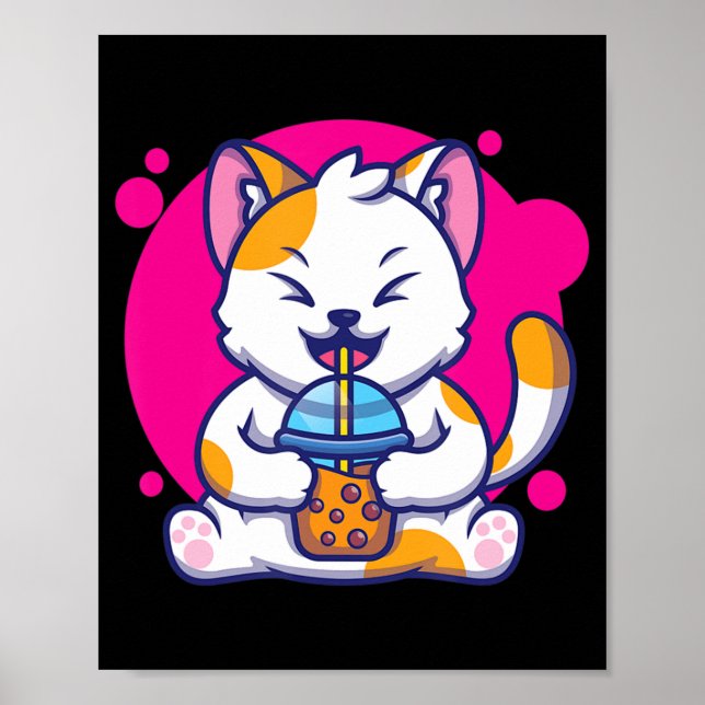 Poster Gato Rindo Neko Kawaii Boba Tea Em Estilo De Anime (Frente)