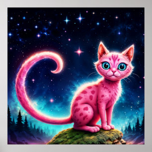 Poster Gato rosa fantástico na floresta mágica estelar no