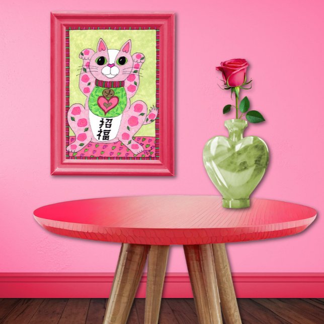 Pôster Gato Rosa Japonês de Arte Folclórica Maneki Neko (Criador carregado)