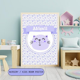 Poster Gato Roxo E Corações Lilases - Crianças Personaliz