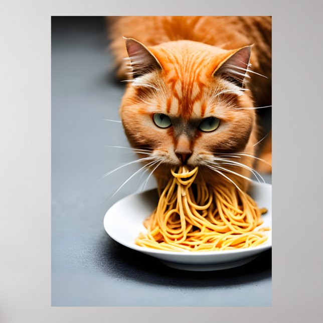 Poster Gato Ruivo Comendo Espaguete (Frente)