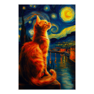 Pôster Gato Ruivo Contemplativo   Céu Noturno Estrelado