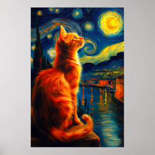 Poster Gato Ruivo Contemplativo   Céu Noturno Estrelado