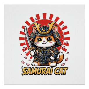 Pôster Gato Samurai Anime Guerreiro Japonês Cereja