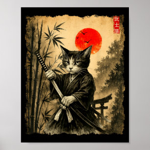 Poster Gato Samurai Arte Japonês Homens Meninos Camiseta