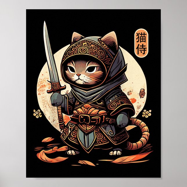 Poster Gato Samurai Cat Tattoo Kawaii Ninja (Frente)