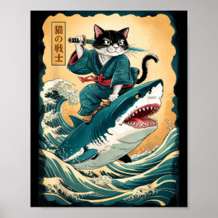 Poster Gato Samurai Engraçado Andando de Tubarão Gato Vin