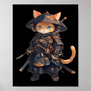 Poster Gato Samurai Japonês Gato Ninja Kawaii Neko