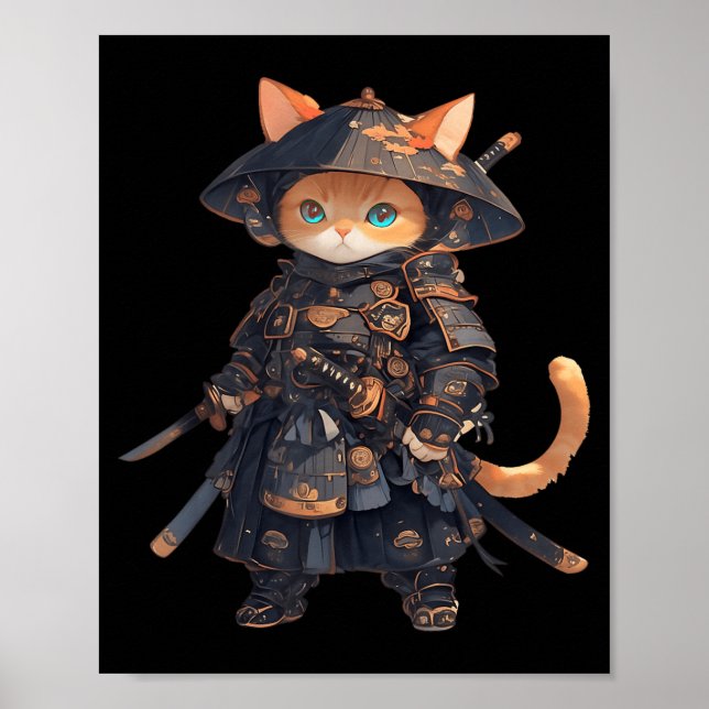 Poster Gato Samurai Japonês Gato Ninja Kawaii Neko (Frente)