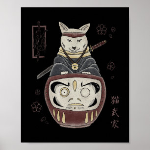 Poster Gato Samurai Ninja Japonês Sobre Daruma Tradiciona