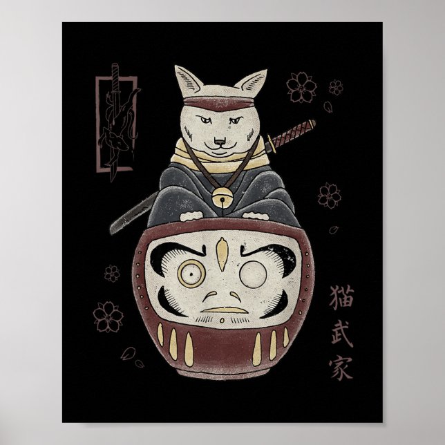 Poster Gato Samurai Ninja Japonês Sobre Daruma Tradiciona (Frente)