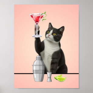 Poster Gato segurando Martini Rosa Arte de Fundo Rosa