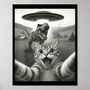 Poster Gato Selfie Com Alien Ufo & T-rex Dinossauro D