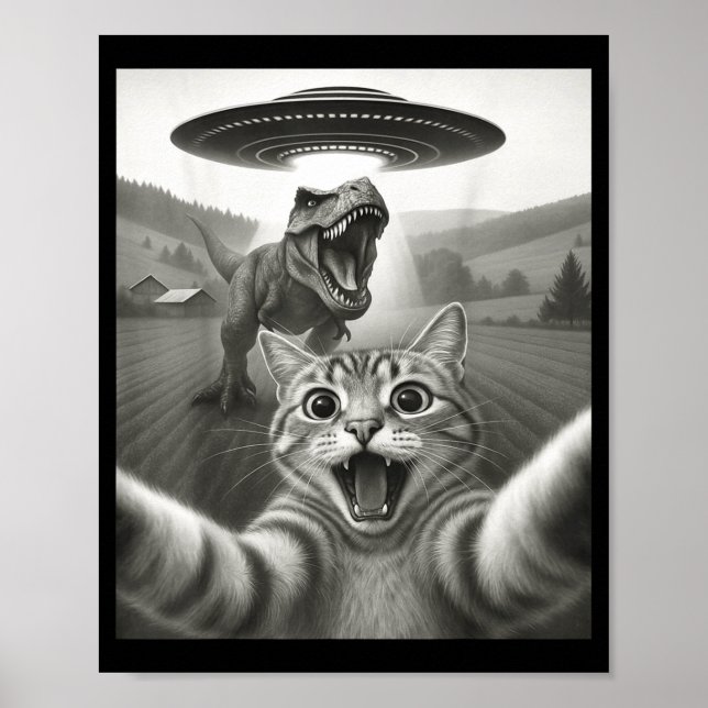 Poster Gato Selfie Com Alien Ufo &amp; T-rex Dinossauro D (Frente)