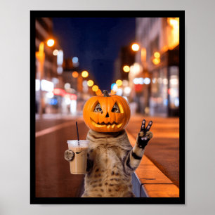 Poster Gato selvagem de Halloween bebendo café gelado