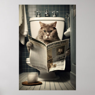 Poster Gato sentado no banheiro lendo jornal