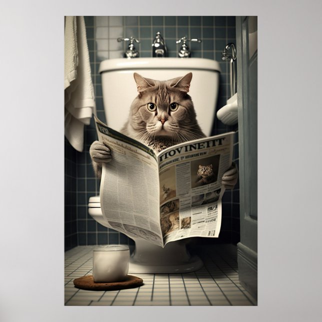Poster Gato sentado no banheiro lendo jornal (Frente)