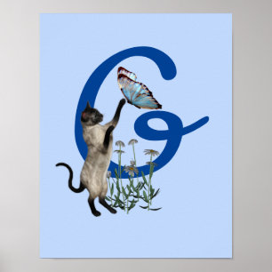 Poster Gato Siames Borboleta Flores Monograma Inicial G