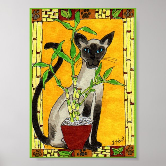 Poster Gato Siamês com Mini Arte Folk da Planta Bamboo (Frente)