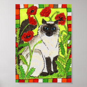 Poster Gato Siamês com Poppies Orientais e Arte Folclór