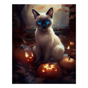 Pôster Gato Siamês do Halloween Com Pumpkins Assustado