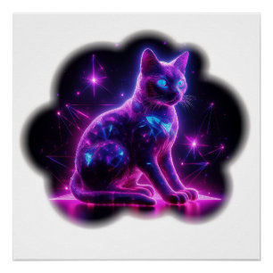 Pôster Gato Siamês Neon Roxo Com Olhos Azuis & Explosão d