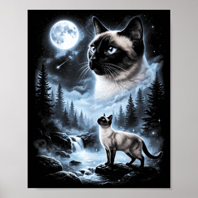 Poster Gato Siameses Uivando Para a Lua 90s Retro (Frente)