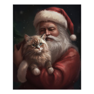 Pôster Gato Siberiano com Papai Noel Natal Festivo
