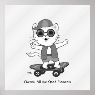 Poster Gato Skater Feliz em Óculos Prateados Cinza