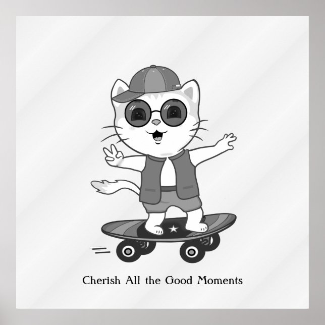 Poster Gato Skater Feliz em Óculos Prateados Cinza (Frente)