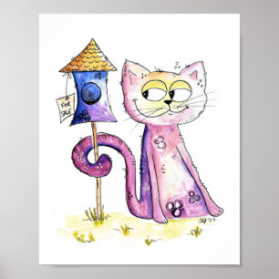 Poster Gato Sneaky Bastante Bestial com Birdhouse