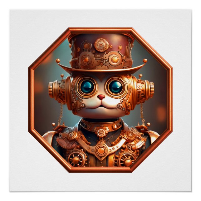 Pôster Gato Soldado Steampunk em Moldura de Bronze de 8 L (Frente)