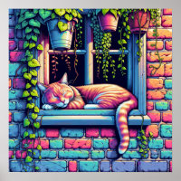 Gato Sonolento no Parapeito da Janela Arte de IA