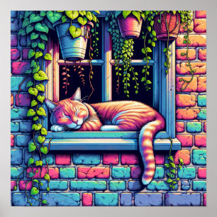 Poster Gato Sonolento no Parapeito da Janela Arte de IA
