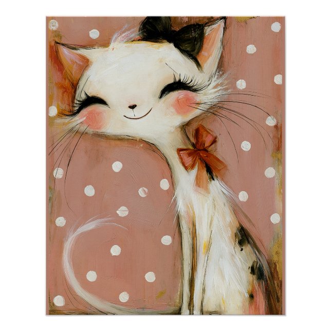 Pôster Gato Sorridente Vermelho Carmim Rosa Suave (Frente)