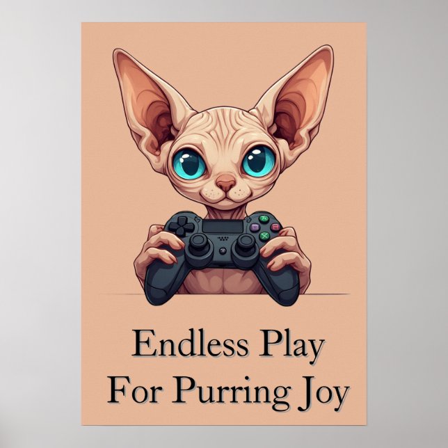 Poster Gato Sphynx Segurando Controle de Jogo (Frente)