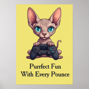 Poster Gato Sphynx Segurando Controle de Jogo