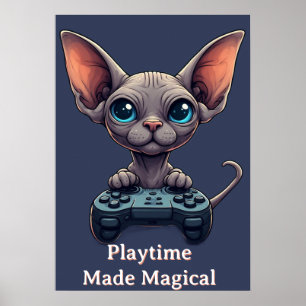Poster Gato Sphynx Segurando Controle de Jogo