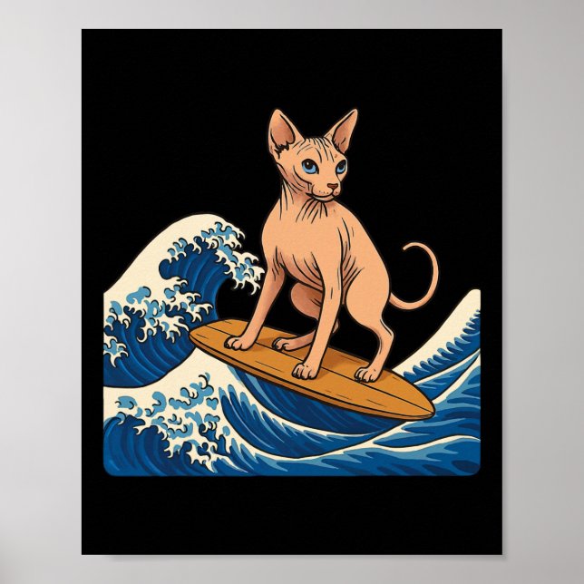 Poster Gato Sphynx Surfando Onda Japonesa  (Frente)